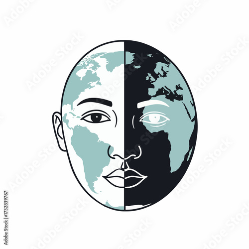 A minimalist illustration blending a human face with the Earth, symbolizing the deep connection between humanity and the planet, representing global unity and environmentalism