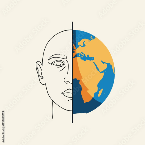 Minimalist line art illustration combining a human face and the globe, representing humanity's deep connection to the world and nature