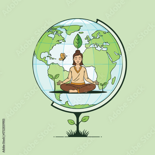 Conceptual illustration of a person meditating inside a globe, symbolizing harmony with nature, global wellness, and environmental consciousness