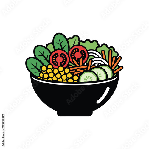 A colorful and fresh salad with tomatoes cucumbers carrots and greens in a black bowl isolated on white background
