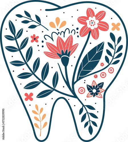 Floral tooth vector design healthy teeth and botanical decorations