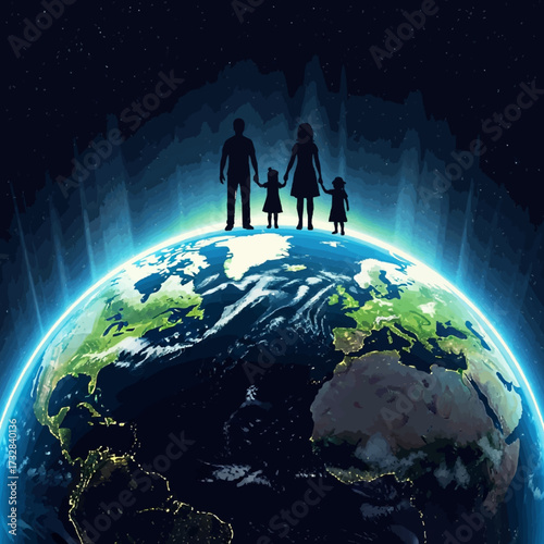 A symbolic illustration of a family silhouette standing together on planet Earth, representing humanity's future, global unity, and our collective home
