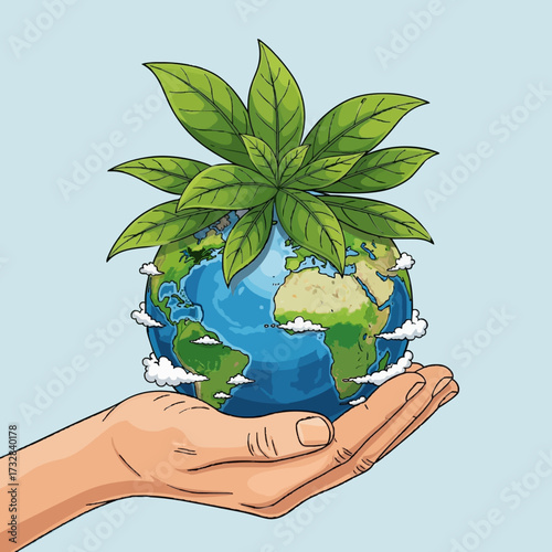 Nurturing the Earth for a sustainable future, a hand supports the globe with a flourishing green plant, symbolizing environmental care and conservation