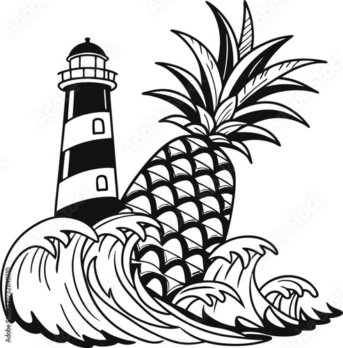 Pineapple with Lighthouse and Ocean Waves – Tropical Vector Illustration