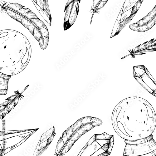 Vector frame with crystal ball to predict the fate, bird feather, amethyst crystal. Hand painted linear candlelight illustration style for Christmas or birthday design. Graphic monochrome sketch