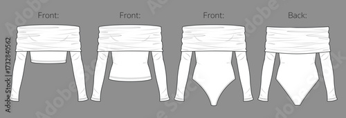 Vector off shoulder top with gathering details fashion CAD, woman long sleeve blouse technical drawing, template, sketch, flat, mock up. Jersey or woven fabric body set with front view, white color