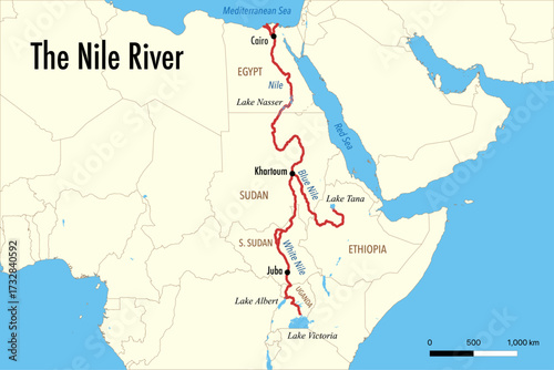 Vector Map of the Nile River Course from Sources to the Mediterranean Sea with White and Blue Nile