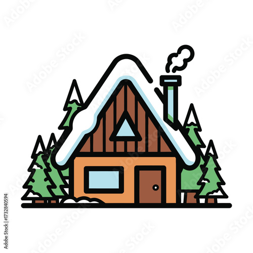 Cozy winter cabin surrounded by snow covered pine trees isolated on white background