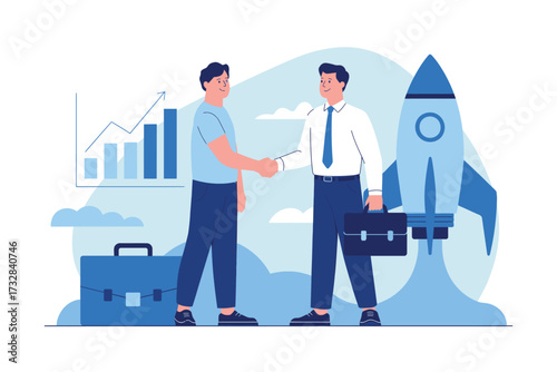 Two businessmen shake hands in front of a rocket launch and business growth charts symbolizing startup success and partnership isolated on white background