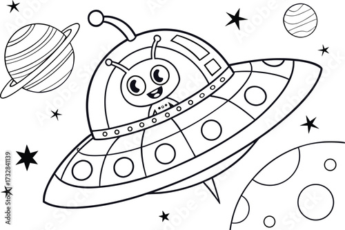 Charming Alien Adventure A Whimsical Black and White Space Odyssey Coloring Page