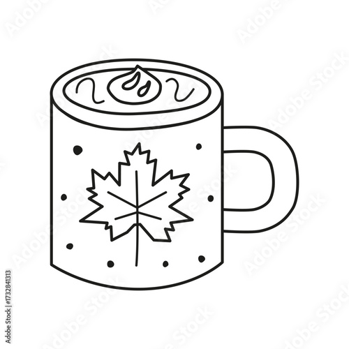 Cute hand drawn outline hot cocoa drink with whipped cream in autumn cup isolated on white background.