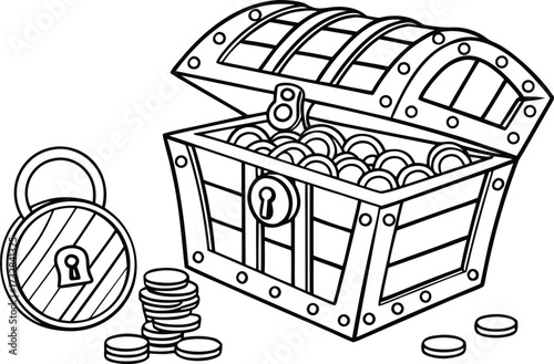 Open Treasure Chest Overflowing with Gold Coins Alongside a Padlock and Stack of Coins
