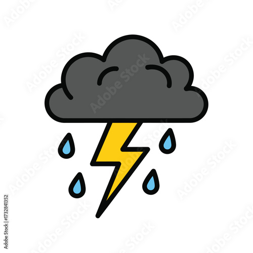 Stylized dark storm cloud with yellow lightning bolt and falling blue raindrops isolated on white background