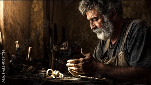 “Portrait of an elderly craftsman working with his hands in a rustic workshop, warm golden side lighting, textured shadows, fine details in the skin and tools.”