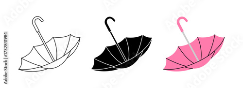 Creative umbrella icon set with flowing canopy in outline, black and pink colors