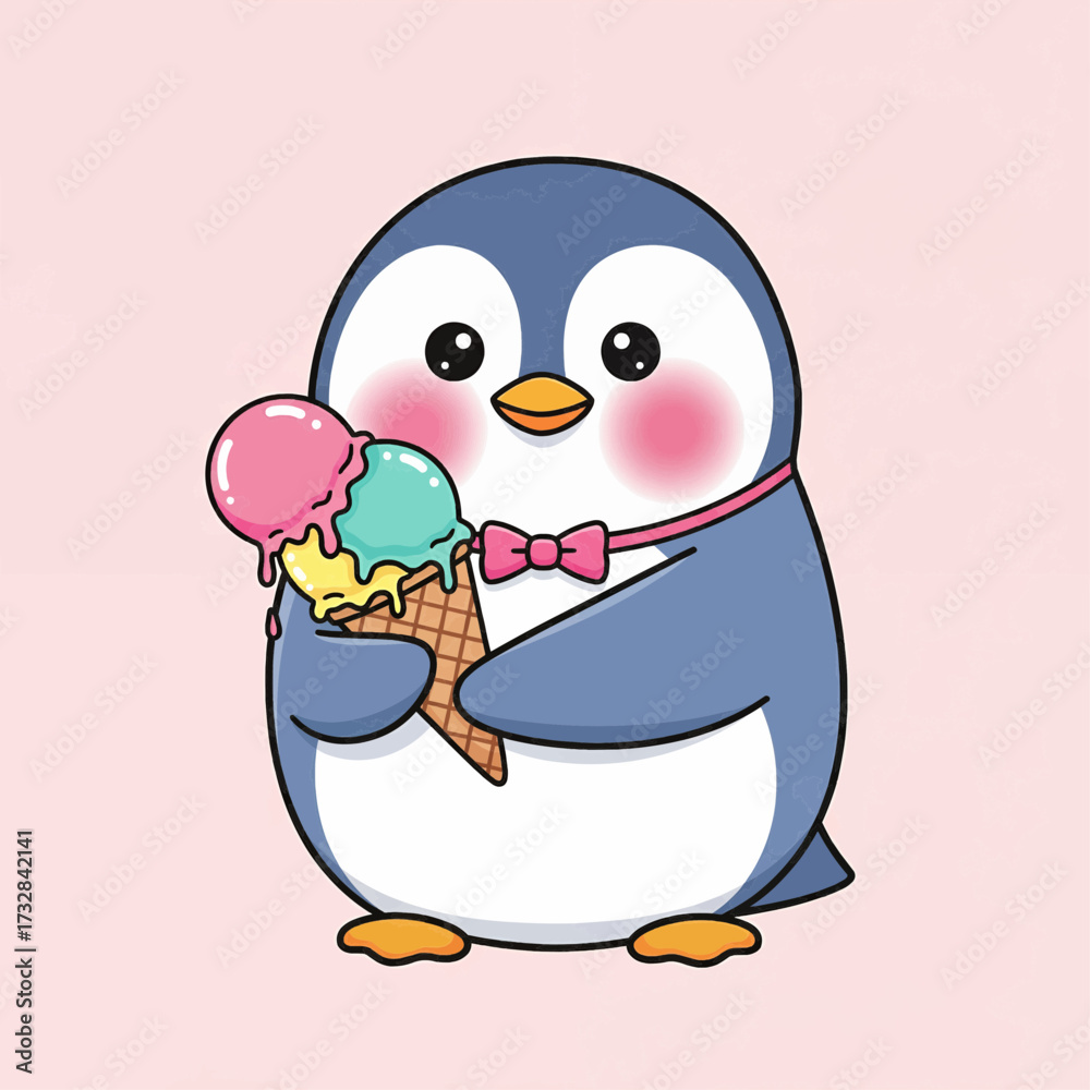 Obraz premium Adorable cartoon penguin character happily holding a vibrant triple-scoop ice cream cone, exuding cuteness and summer joy on a soft pastel background