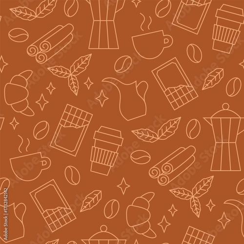 Line Coffee Seamless Pattern. Vector Illustration of Drink Cafeteria Linear Outline Style Background. Espresso Cup, Mint Leaf, Cinnamon, Milk Jar, Chocolate, Croissant and Stars.