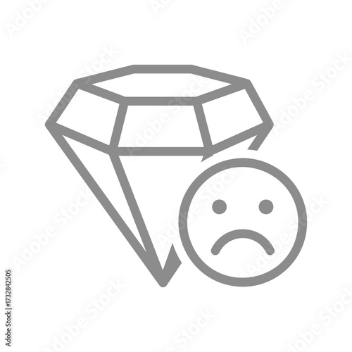 Diamond with sad expression line icon. Lose diamond investment, emotional loss, regret, or decreased value symbol. Vector illustration