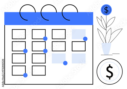 Calendar with marked dates, money plant in a pot, dollar sign coin emphasizing financial growth, scheduling, and planning. Ideal for finance, growth, time management, savings investment strategy