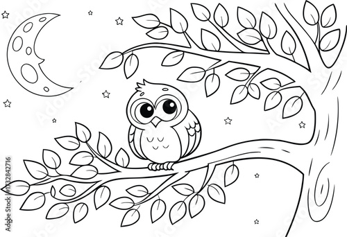 Whimsical Owl in a Starry Night Sky A Charming Coloring Page for Kids