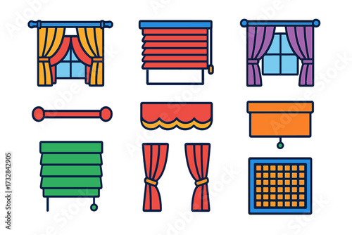 Window Treatment Icons. Flat vector icons of window treatments: curtains, blinds, drapes, curtain rod, valance, roller shades,