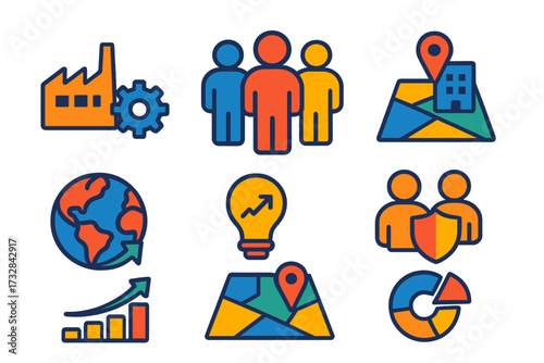 Minimalist Business Icons. Flat vector icons of company profile categories: industry type, number of employees, office map, global