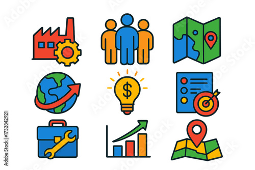 Minimalist Business Icons. Flat vector icons of company profile categories: industry type, number of employees, office map, global