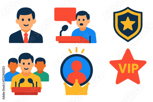 Leadership Icons Collection. Flat vector icons of founder and leadership roles: CEO portrait, founder speech, team leader,