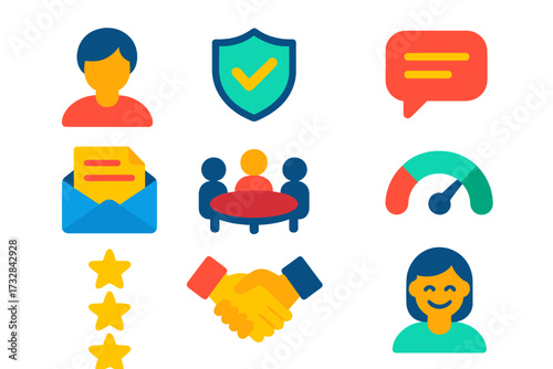 Client Relationship Icons. Flat vector icons of client relationship: client avatar, trust icon, communication bubble, email thread