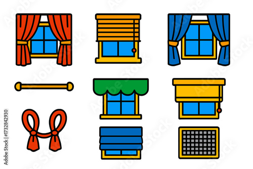 Window Treatment Icons. Flat vector icons of window treatments: curtains, blinds, drapes, curtain rod, valance, roller shades,