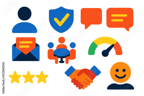 Client Relationship Icons. Flat vector icons of client relationship: client avatar, trust icon, communication bubble, email thread