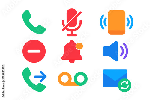 Colorful Communication Icons. Flat vector icons of communication settings: enable call, mute microphone, vibration mode, block