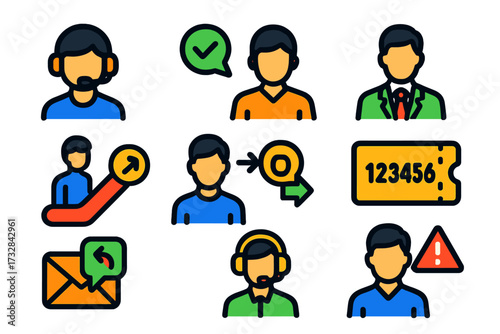 Bright Support Icons. Flat vector icons of support escalation: level 1 agent, team leader contact, supervisor icon, complaint