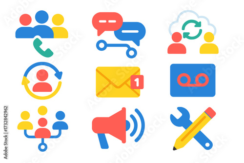 Modern Communication Icons. Flat vector icons of networked communication: group call, shared chat, cloud sync contacts, synced