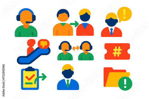 Bright Support Icons. Flat vector icons of support escalation: level 1 agent, team leader contact, supervisor icon, complaint