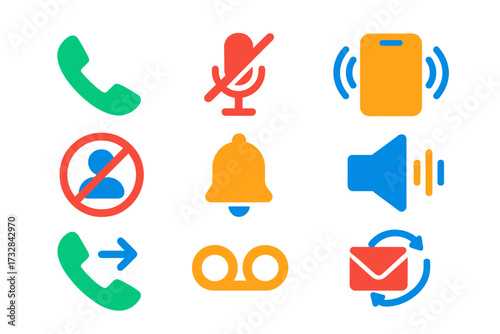 Colorful Communication Icons. Flat vector icons of communication settings: enable call, mute microphone, vibration mode, block