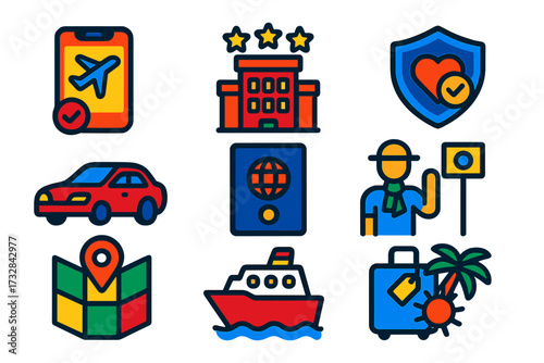 Colorful Travel Icons. Flat vector icons of travel services: flight booking, hotel reservation, travel insurance, rental car,