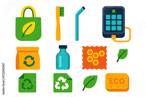 Eco Product Icons. Flat vector icons of eco-friendly products: reusable bag, bamboo toothbrush, metal straw, solar charger,