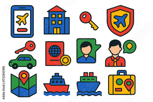 Colorful Travel Icons. Flat vector icons of travel services: flight booking, hotel reservation, travel insurance, rental car,
