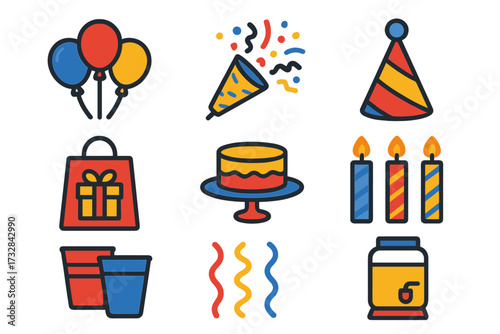 Bright Party Icons. Flat vector icons of party products: balloons, confetti popper, party hat, gift bag, streamers, cake stand,