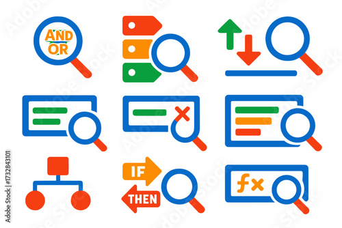 Advanced Search Icons. Flat vector icons of advanced search tools: boolean search icon, filter tags, search operators icon,