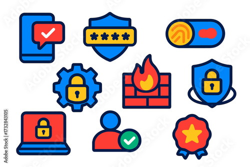 Modern Security Icons. Flat vector icons of security settings: two-factor authentication, password manager icon, biometric login