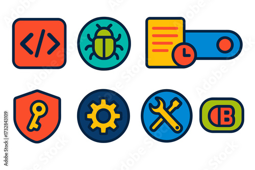 Modern Settings Icons. Flat vector icons of advanced settings: developer options, debug icon, system logs, experimental features