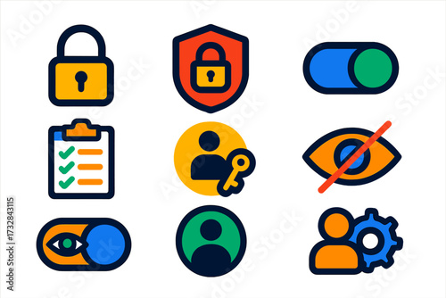 Privacy Icons Collection. Flat vector icons of privacy settings: lock icon, data privacy shield, private mode toggle, permissions
