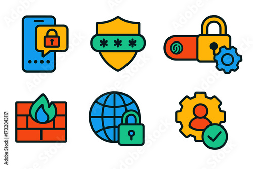 Modern Security Icons. Flat vector icons of security settings: two-factor authentication, password manager icon, biometric login