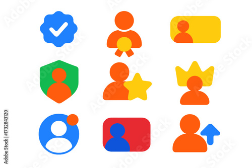 Flat User Profile Icons. Flat vector icons of user profile badges: verified badge, premium user icon, admin role tag, moderator