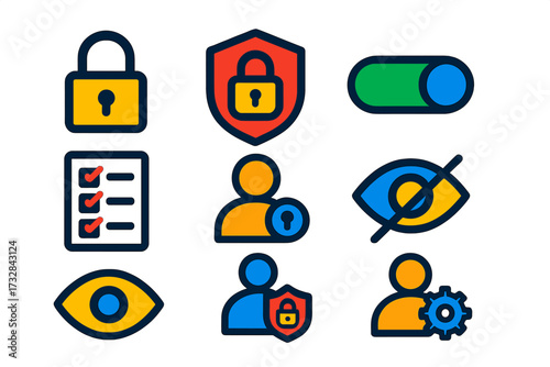 Privacy Icons Collection. Flat vector icons of privacy settings: lock icon, data privacy shield, private mode toggle, permissions