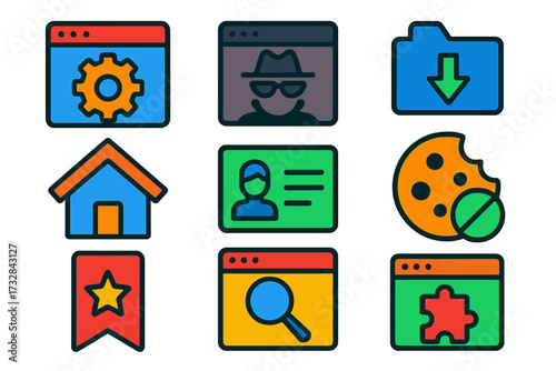Bright Browser Icons. Flat vector icons of web browser settings: browser gear, privacy mode toggle, download folder setting,