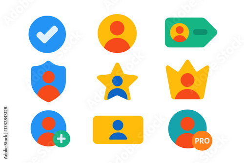 Flat User Profile Icons. Flat vector icons of user profile badges: verified badge, premium user icon, admin role tag, moderator