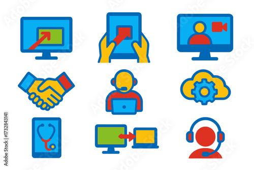 Remote Tech Icons. Flat vector icons of remote support technology: screen sharing icon, remote control icon, video session icon,